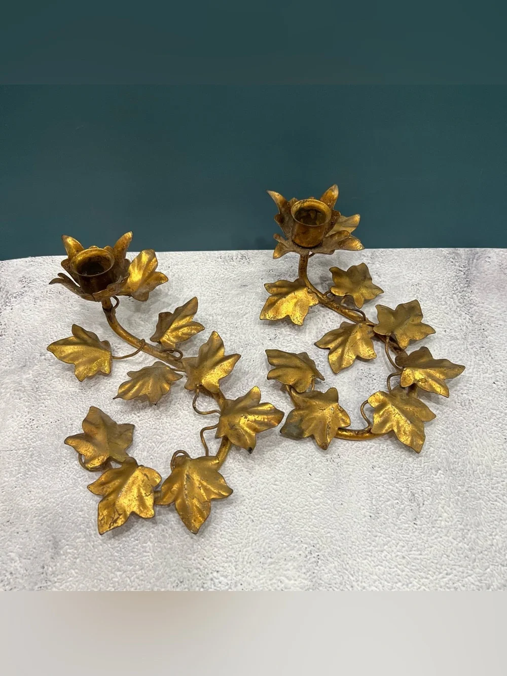 Vintage MCM Italian Gilt Metal Tole Candle Holder Set Ivy Leaf Hollywood Regency